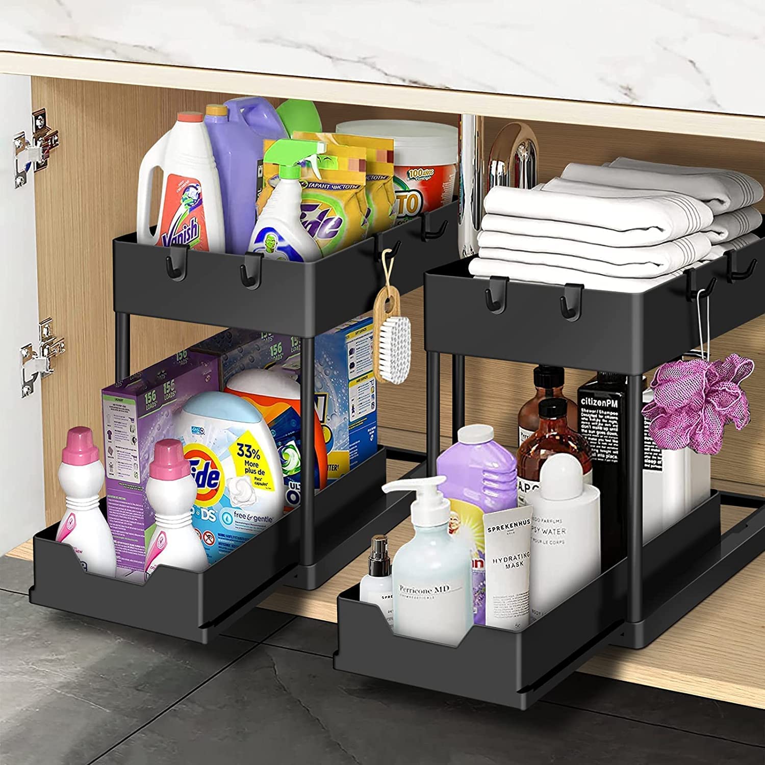 Under Sink Organizer 2 Set - Tomekji Under Sink Storage, Sliding Drawer Pull Out with Hooks for Kitchen Bathroom, No Hanging Cups（Black）