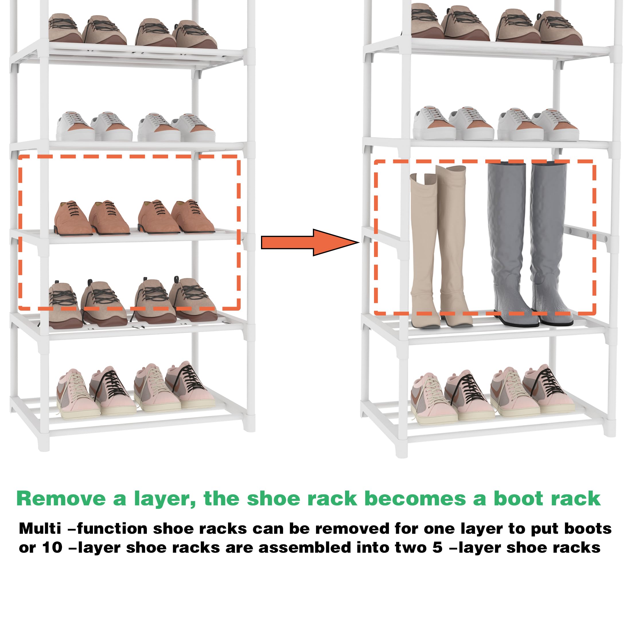 Lxvckly Shoe Rack 10-Tier Metal Narrow Shoe Organizer 20 Pairs Tall Shoe Storage Rack with Hook, Vertical Shoe and Boots Organizer, Shoe Shelf Organizer for Entryway Closet Hallway White