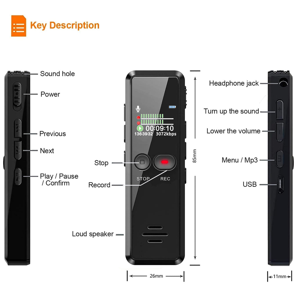 Liebssen Digital Voice Recorder with Playback, Enhanced Audio Dictaphone with One Touch, 8G 1536Kbps HD Recording Noise Reduction USB Charge MP3 Player Recorder for Lecture Interview Meeting