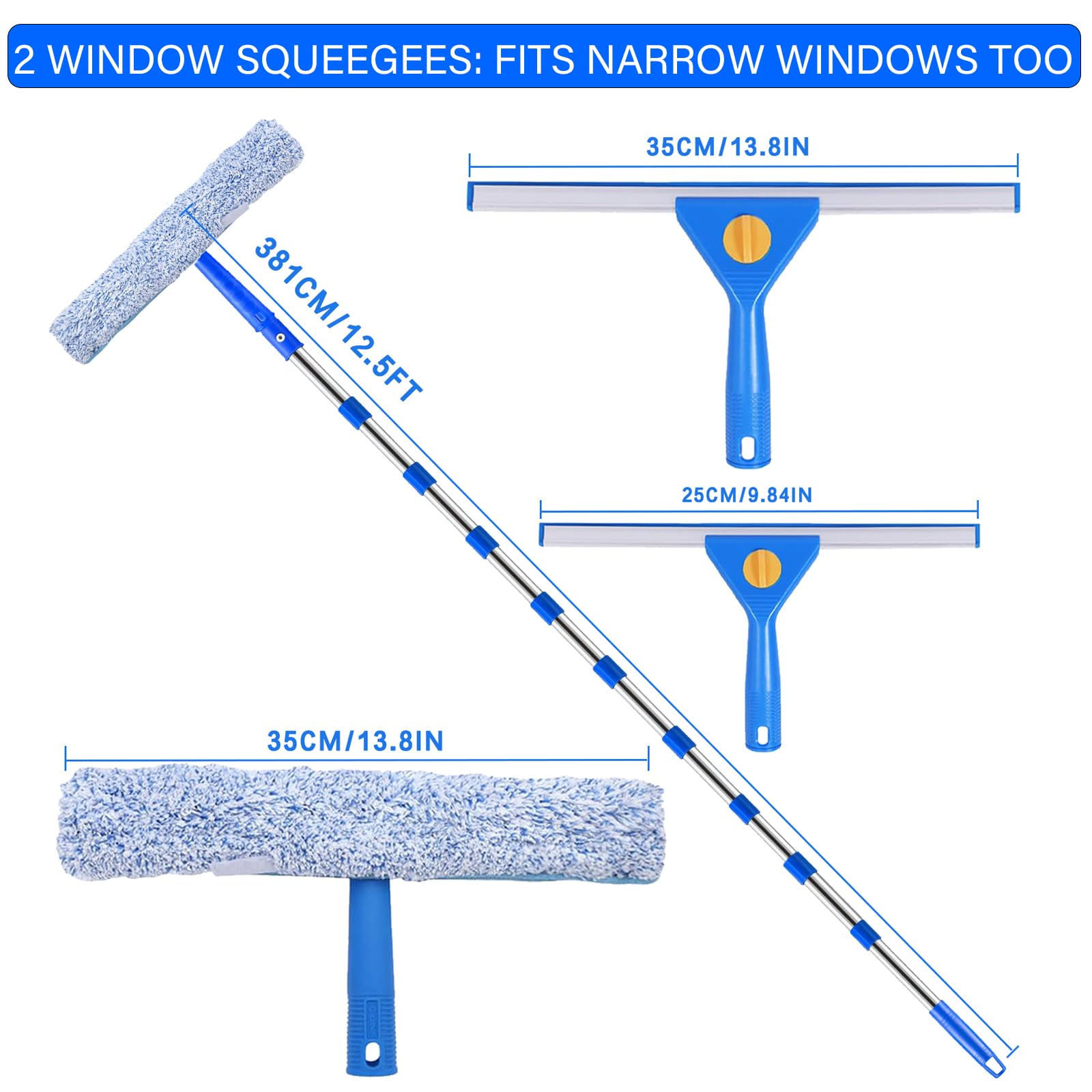 12.5Ft (3.8M) Telescopic Window Cleaner Kit - Extendable Pole, 37cm Scrubber(3X Replaceable Sleeves), Squeegee(35cm *2 & 25cm *1). Perfect Cleaning Equipment for High Windows, Shower Glass, Car, RV