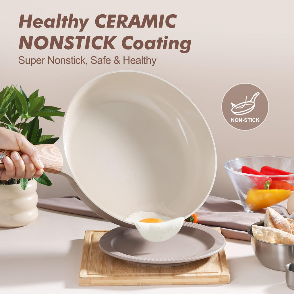 SENSARTE Ceramic Nonstick Frying Pan Skillet with Lid, 8/9.5/11/12.5 Inch Non Stick Pan Wok, Healthy Kitchen Cooking Sauté Pans, Free of Intentionally Added PFOA/PFAS/PTFE, Induction Compatible, Taupe
