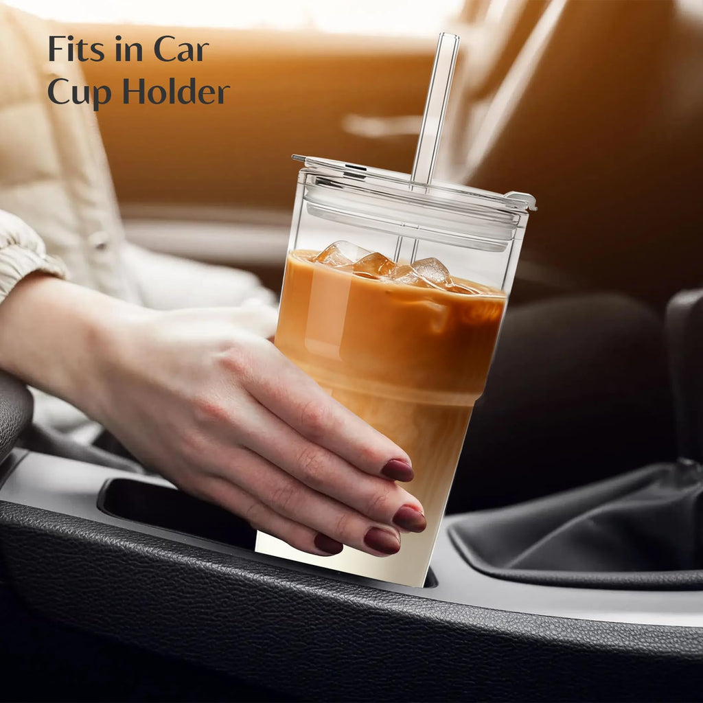 INSETLAN 20oz Clear Glass Cup with Lid and Glass Straw, Set of 2 Thickened Glass Coffee Tumblers, Drinking Glasses with Straw for Smoothie, Tea, Milk, Whiskey, Water and More – Elegant & Durable