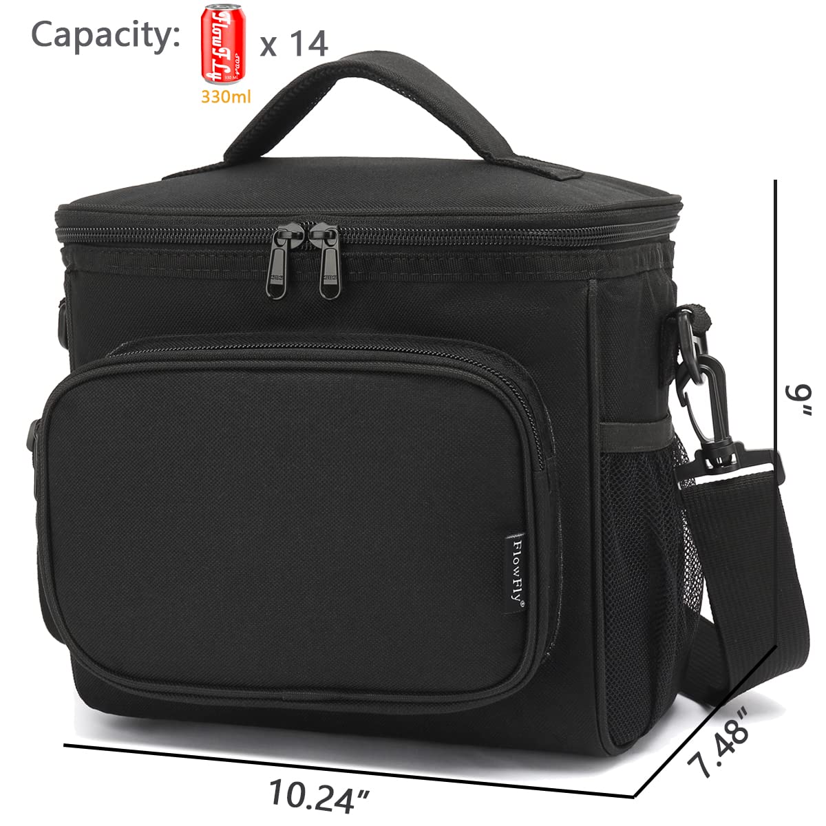 FlowFly Insulated Lunch Bag Adult Lunch Box Large Cooler Tote Bag for Men, Women, with Adjustable Strap,Front Pocket and Dual Large Mesh Side Pockets Black