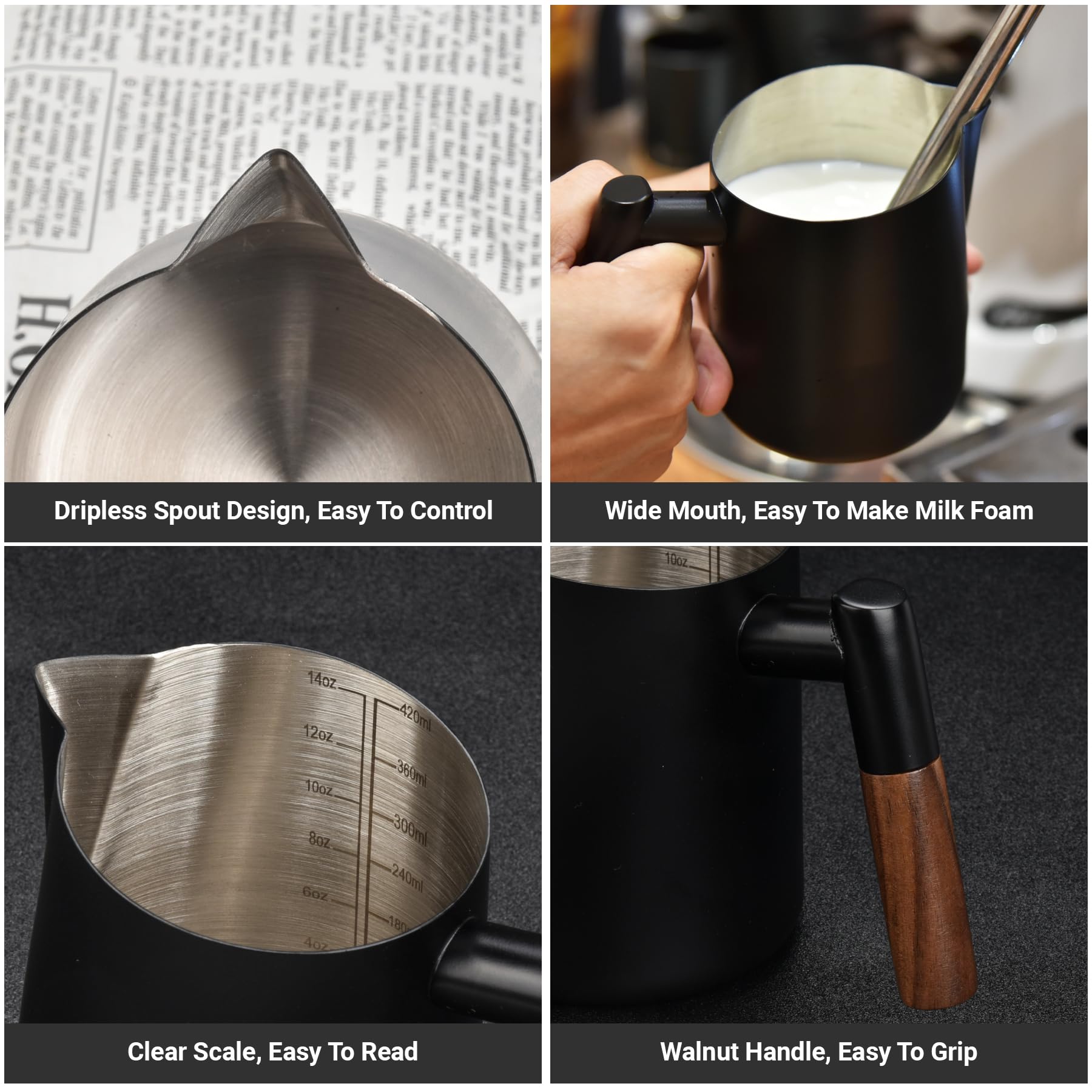 Guowall Milk Frothing Pitcher Stainless Steel Espresso Steaming Pitcher for Cappuccino Latte Art 14 oz (420 ml) Milk Jug Coffee Frother Cup with Wooden Handle - Black