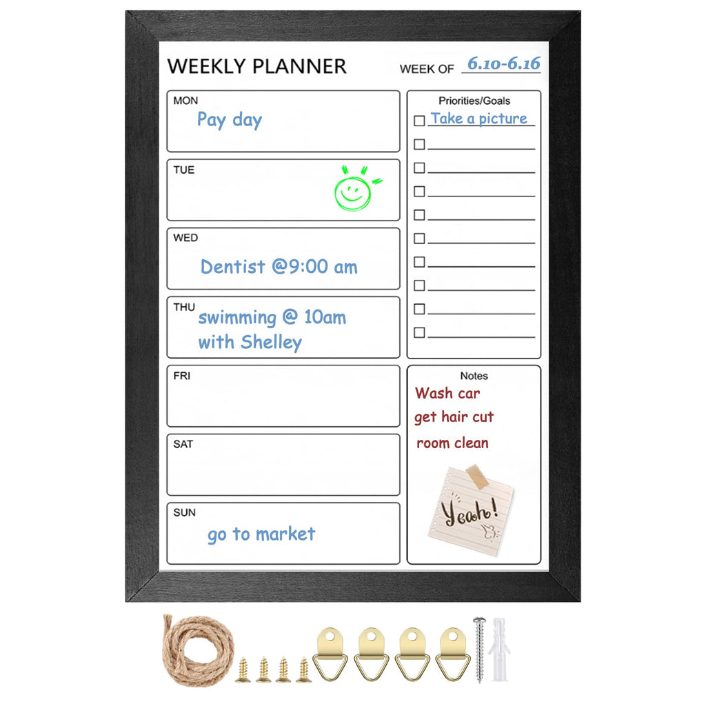 Dry Erase White Board &Weekly Calendar Board, Magnetic Whiteboard for Wall,13“x17 Solid Wood Black Framed Message Board, Planner Board for Office, Home（Weekly-BB-BK-3343