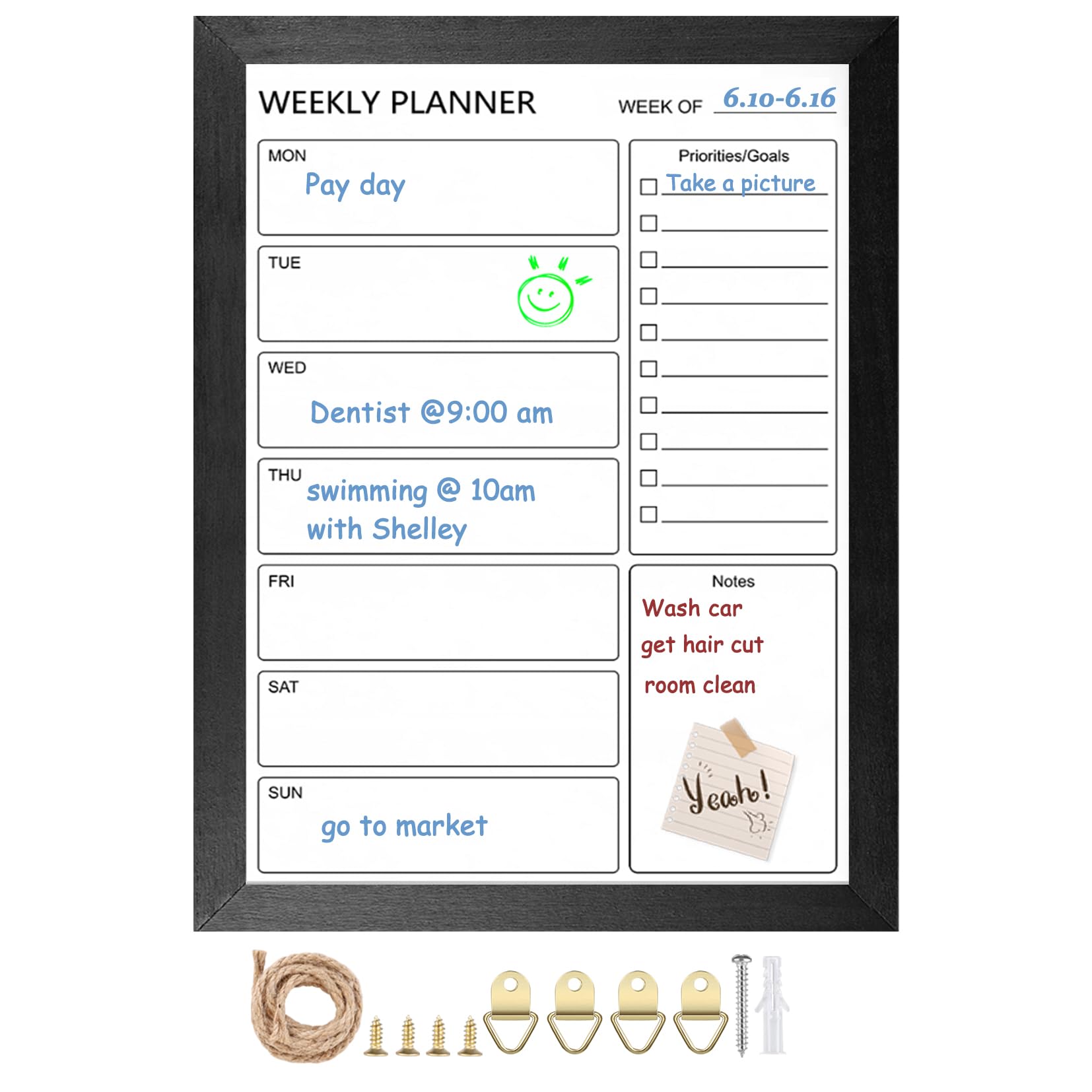 Dry Erase White Board &Weekly Calendar Board, Magnetic Whiteboard for Wall,13“x17 Solid Wood Black Framed Message Board, Planner Board for Office, Home（Weekly-BB-BK-3343