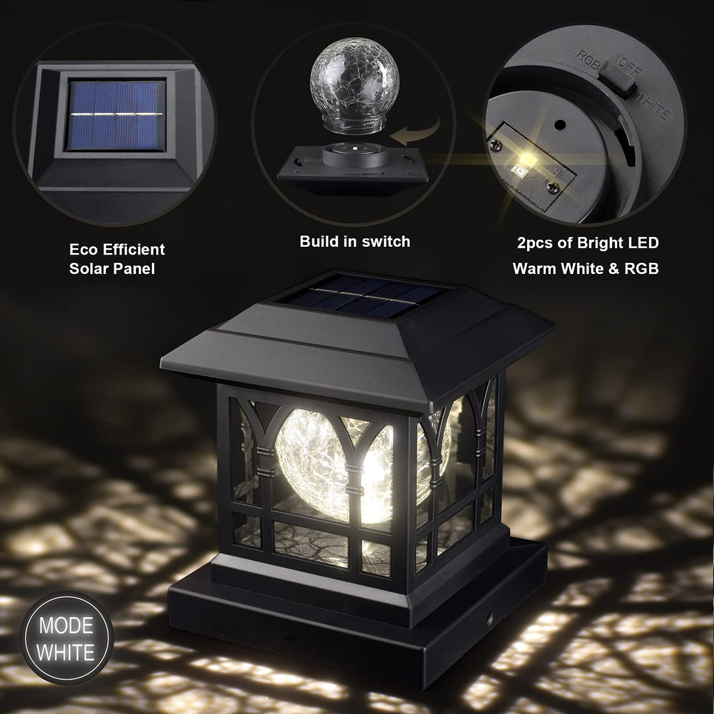 AEFRELEOHT Solar Post Cap Lights, Warm White & RGB Automatic Cycling, Cracked Glass Bulb, 20 Lumens lP65 Waterproof Fit 3.6x3.6 4x4 4.5x4.5 5x5 Wood Fence Post Solar Powered Lights Black (1 Pack)
