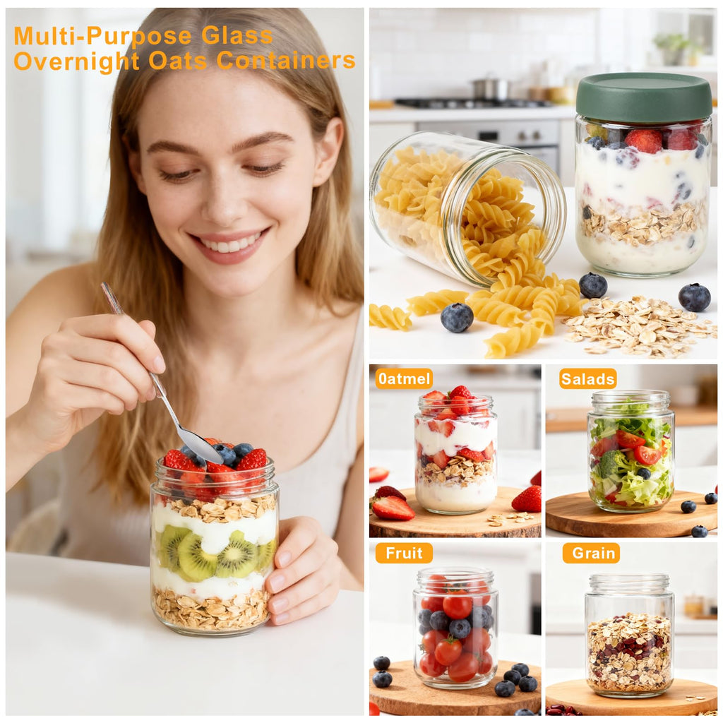Overnight Oats Jar,4 Pack 16OZ Overnight Oats Containers with Lids,Reusable Wide Mouth Mason Jars Glass Jar for Fruit, Yogurt, Snacks,Salad Dressing, Pasta,Sugar -Leak Proof (500 ml)