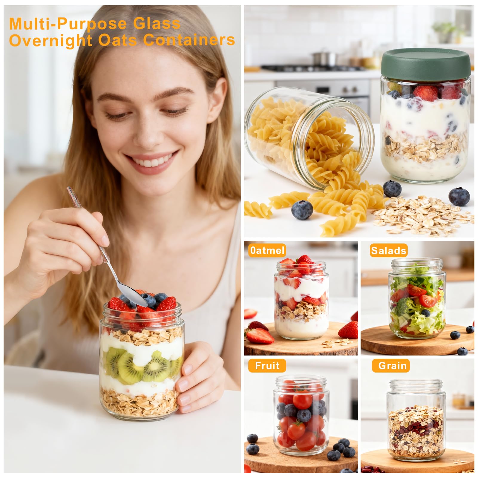 Overnight Oats Jar,4 Pack 16OZ Overnight Oats Containers with Lids,Reusable Wide Mouth Mason Jars Glass Jar for Fruit, Yogurt, Snacks,Salad Dressing, Pasta,Sugar -Leak Proof (500 ml)