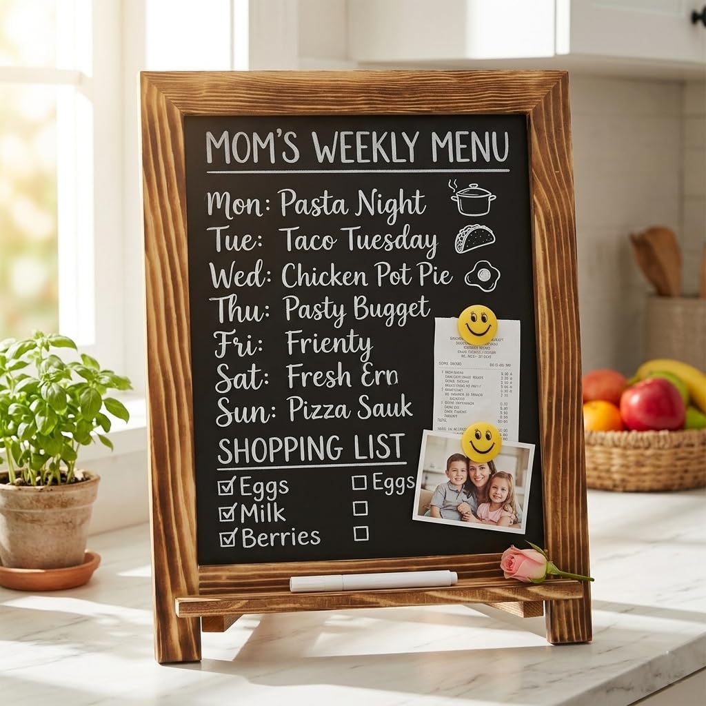 Rustic Chalkboard Sign, 15”x12” Standing Wood Framed Blackboard with Chalk Marker and Magnets, Magnetic Chalk Board Easel for Menu Kitchen Wedding Home Décor, Tabletop or Wall Hanging Display