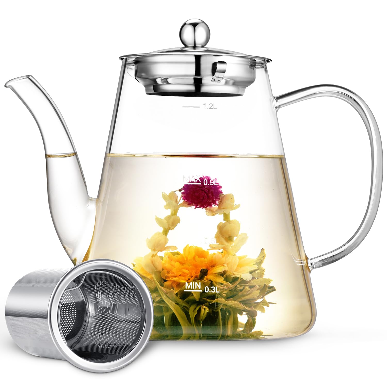 Glass Teapot, Zpose 1200ml Teapot with Removable Loose Tea Infuser, Clear Borosilicate Glass Tea Pot with Scale Line, Tea Pots Set for Loose Leaf Tea and Blooming Tea, Gift Box for Tea Maker