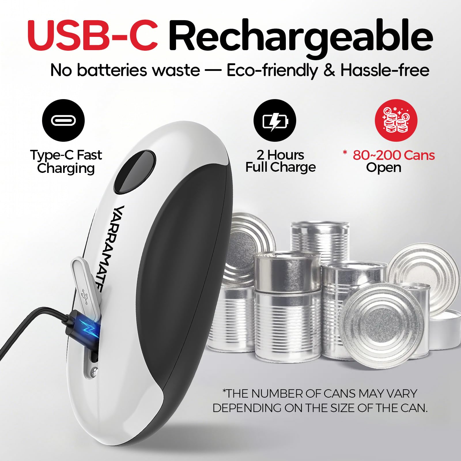 YARRAMATE Electric Can Opener, One Touch Rechargeable Automatic Can Openers for Kitchen Fits All Cans Sizes - Smooth Edge, Hands-Free for Seniors | with Storage Bag, Portable for Travel