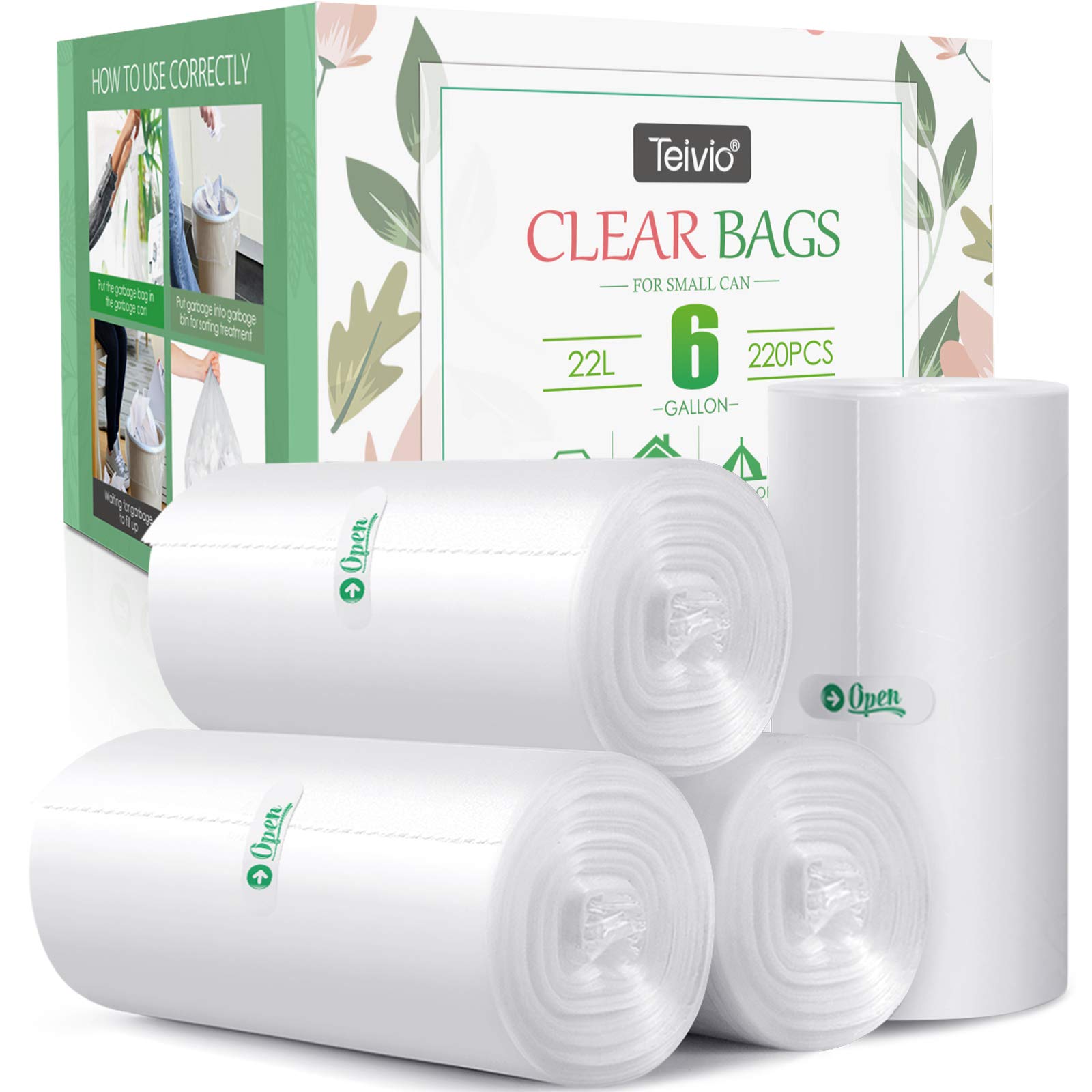 25 Litres Small garbage bags 220 Counts Strong Trash Bags by Teivio, Bathroom Trash Can Bin Liners,25L/ 6 Gallon Plastic Bags for home office kitchen sac poubelle,Clear