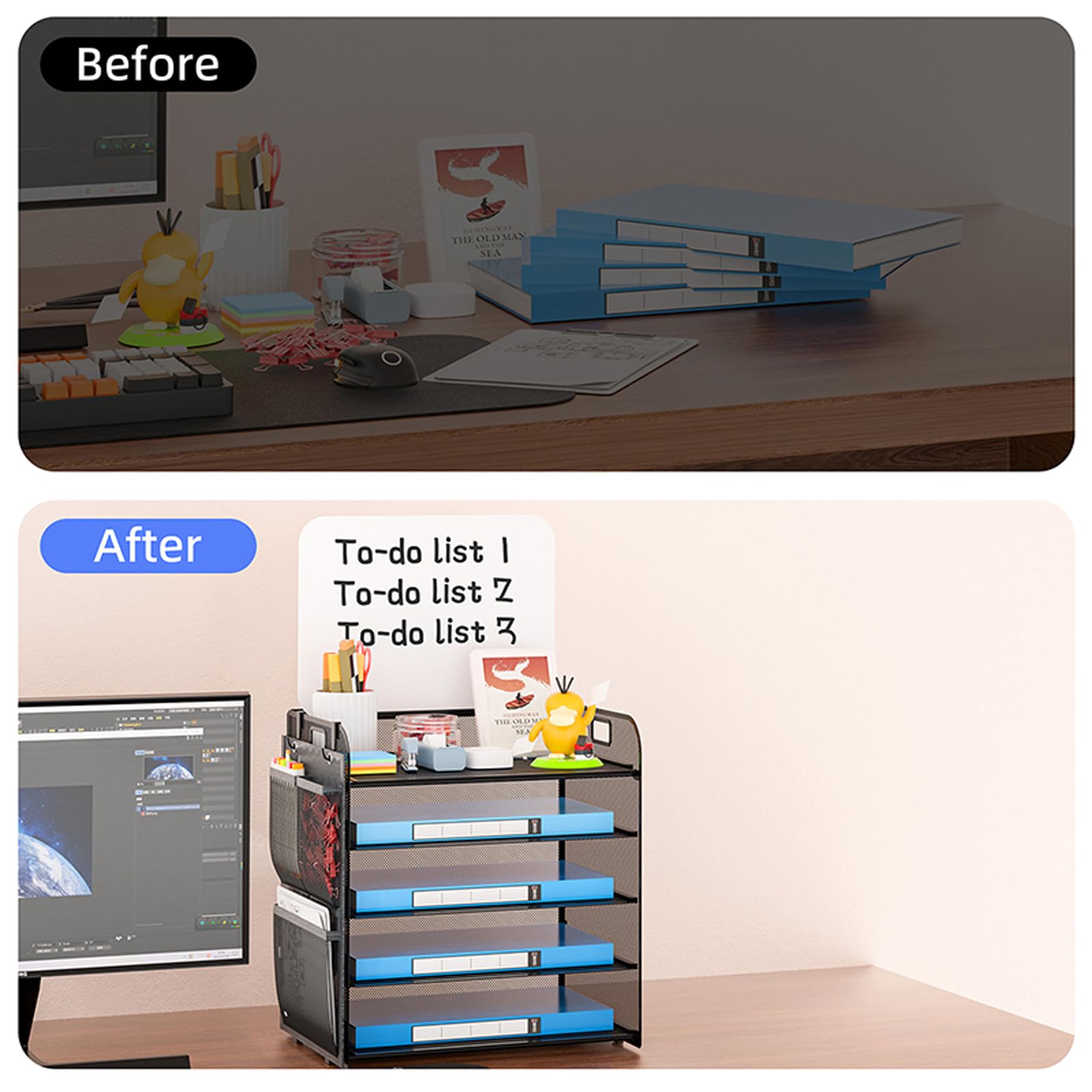 Desk Organizer with Erase Board, Storage Bag, Pen and Whiteboard Eraser, 5-Tier Paper Letter Tray File Organization: Mesh Workspace Document Storage Desktop Organizer Accessories for Office Supplies