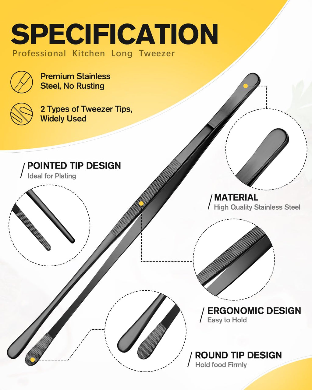 2 Pcs 12-Inch Kitchen Tweezers Fine Tweezer Tongs, Stainless Steel Professional Long Cooking Tweezers for BBQ, Sea Food, Repairing and Serving (Black)