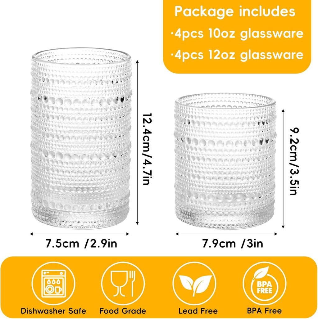 Hobnail Drinking Glasses Set of 8, 12 Oz Highball Glasses & 10 Oz Cocktail Glasses, Clear Embossed Boho Glass Cups Kitchen Bar Tumbler Glassware Set for Whiskey, Beer, Juice, Milk