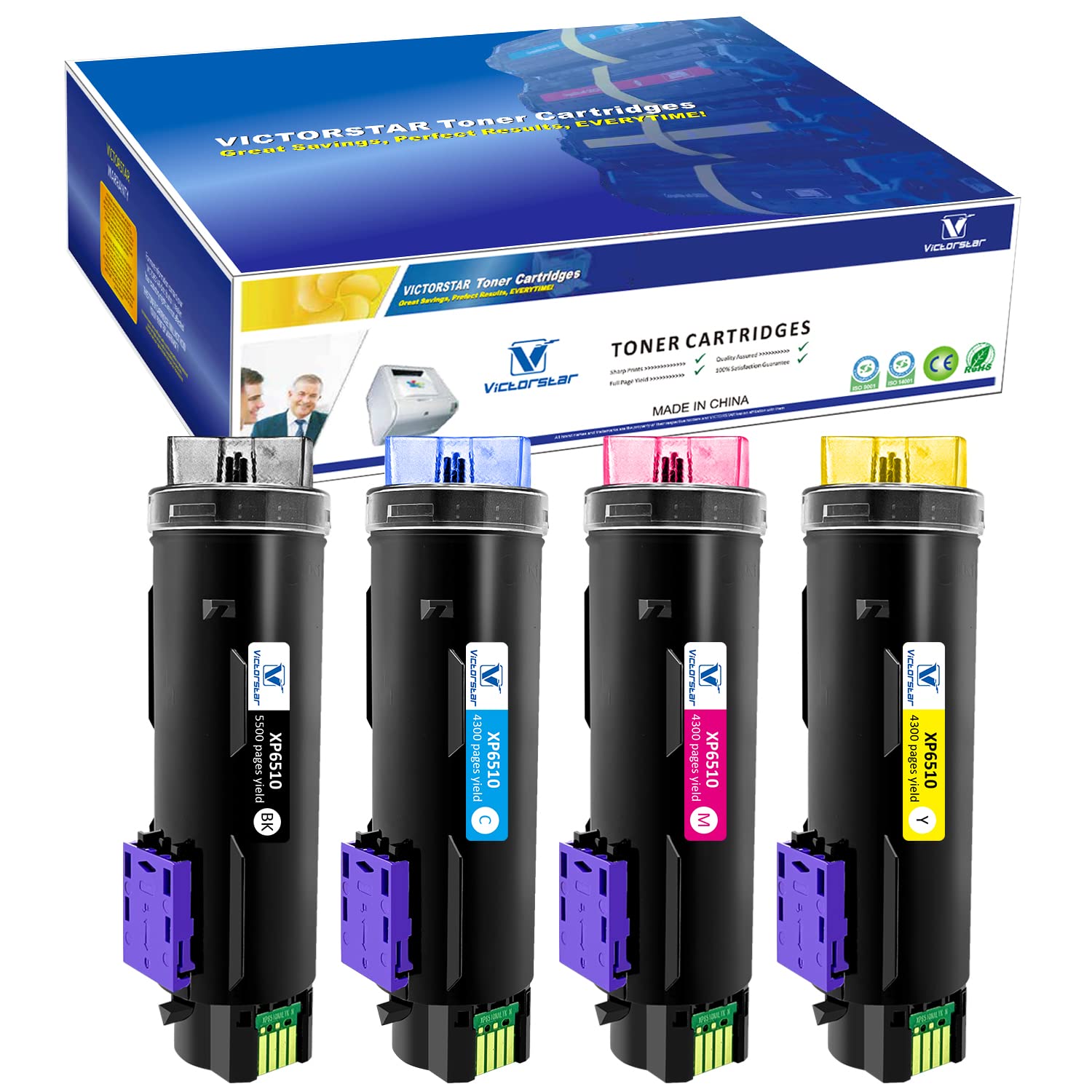 4 Colors Compatible Toner Cartridges 6510 6515 【Extra High Yield】 5500 Pages BK, 4300 Pages CMY for Xerox Phaser 6510n 6510dn 6510dni 6510dnm WorkCentre 6515 6515n 6515dn 6515dni 6515dnm VICTORSTAR