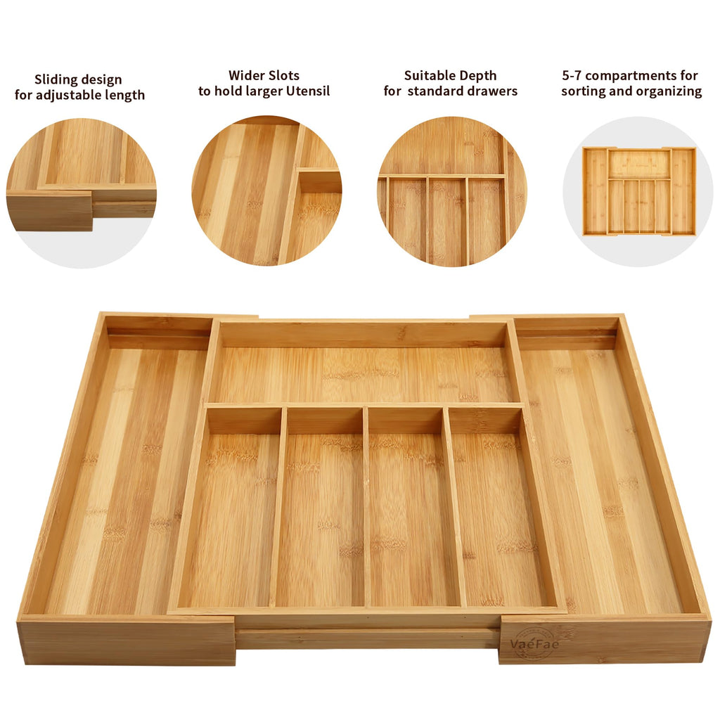 VaeFae Bamboo Drawer Organizer, Expandable Cutlery Drawer Organizer, Wooden Drawer Dividers Organizer for Kitchen Utensils and Flatware