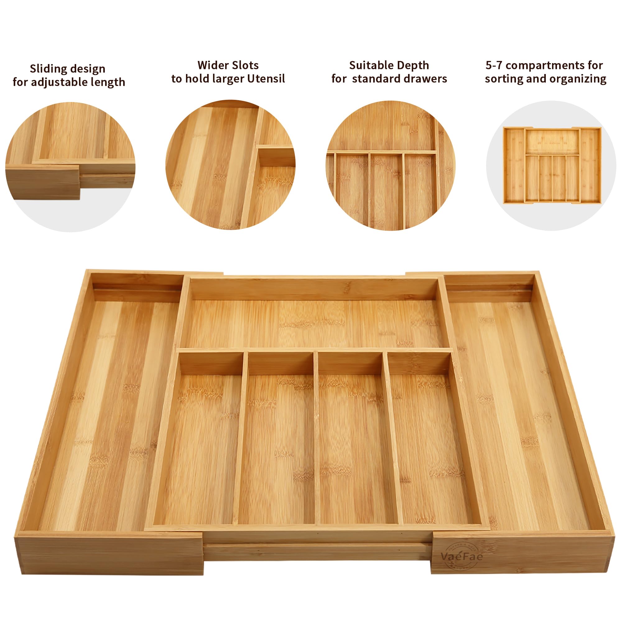 VaeFae Bamboo Drawer Organizer, Expandable Cutlery Drawer Organizer, Wooden Drawer Dividers Organizer for Kitchen Utensils and Flatware