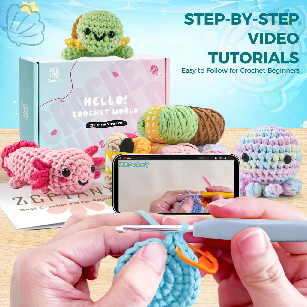 Crochet Kit for Beginners, 5 Pack Amigurumi Beginner Crochet Kit, Crochet Turtle Axolotl Octopus kit Crochet for Beginners, Crochet Animals Knitting Kit with Step-by-Step Video, Crafts for Adults