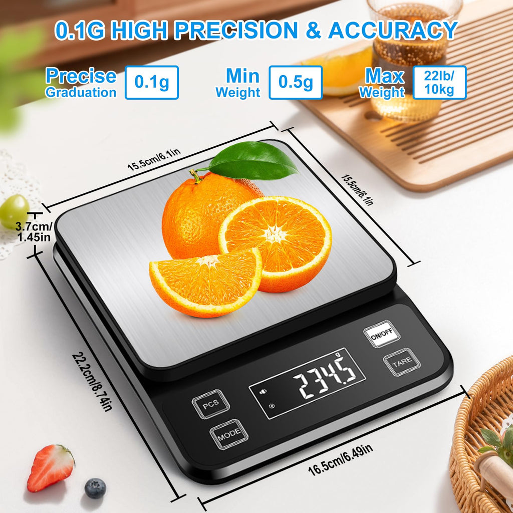Waterproof Food Scale Rechargeable, [0.1g-10kg/22lb] Diyife Plug in Kitchen Scale with Adjustable LCD Display, 10 Units, Tare, PCS Counting, Auto Off, 304 Stainless Steel, Wall Mount for Cooking