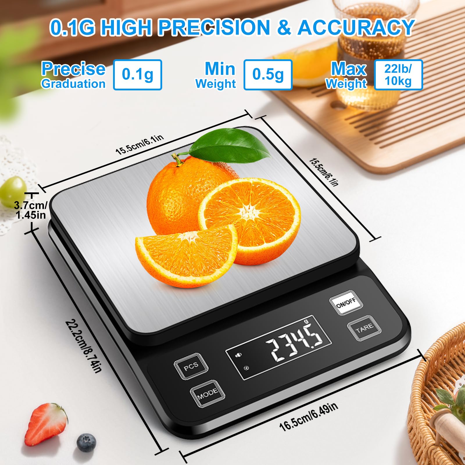 Waterproof Food Scale Rechargeable, [0.1g-10kg/22lb] Diyife Plug in Kitchen Scale with Adjustable LCD Display, 10 Units, Tare, PCS Counting, Auto Off, 304 Stainless Steel, Wall Mount for Cooking
