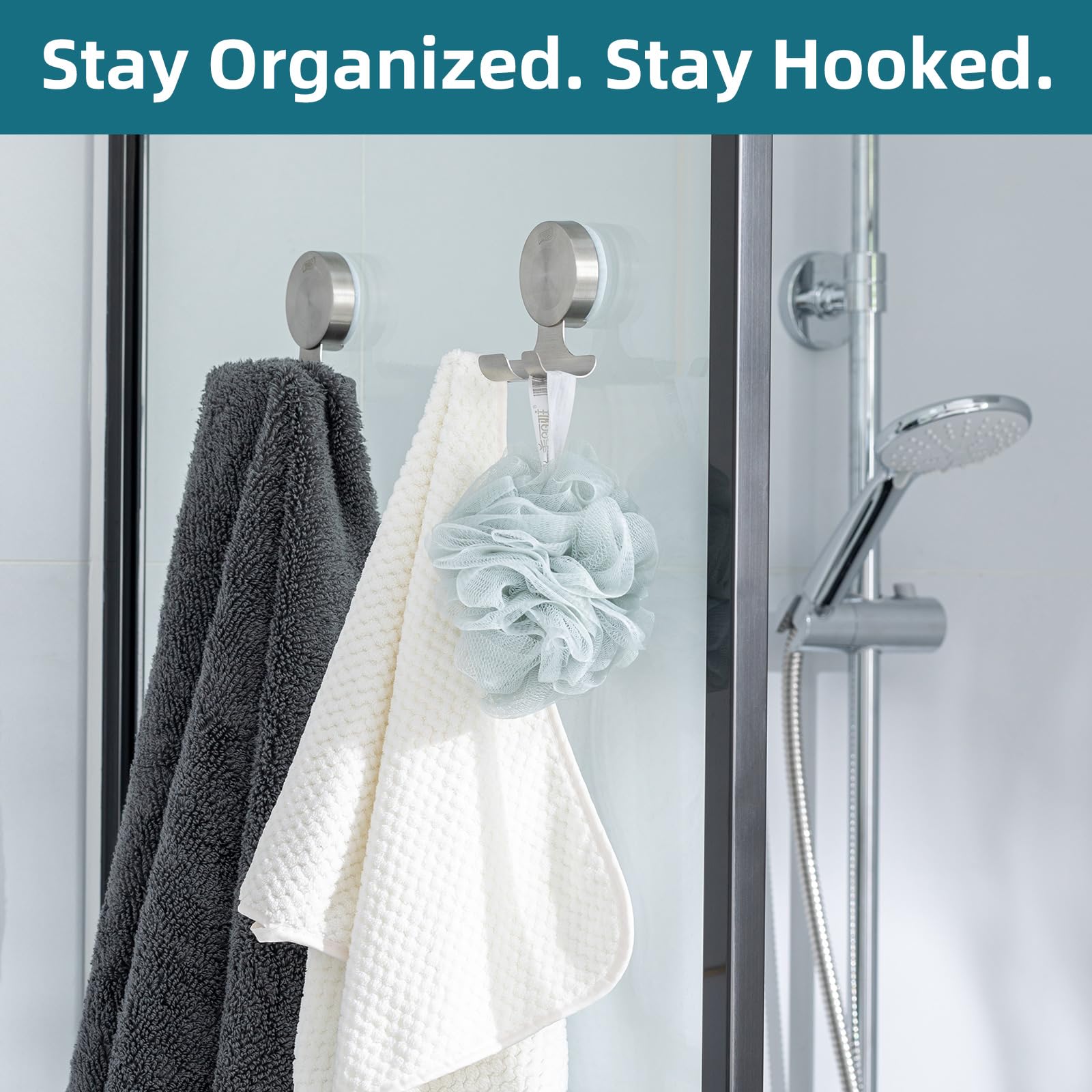 TAILI 2 Pack Powerful Suction Cup Razor Holder, 304 Stainless Steel Bathroom Suction Hooks for Towel, Loofah, Bathrobe, Stylish Shaver Holder for Shower Wall, Easy to Install and Reuse, Silver