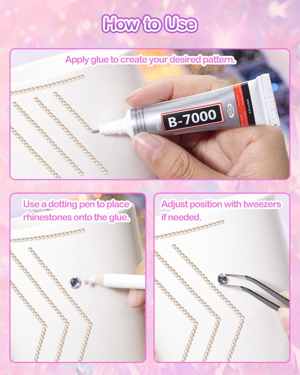 62,000pcs/64-Cells Bedazzling Kit, with 32,000pcs 3mm Nail Rhinestones in 40Colors for Bedazzling & 30,000pcs Clear Flatback Nail gems,6 Bottles B7000 Jewelry Glue, 2 Tweezers & 2 Dotting Pens