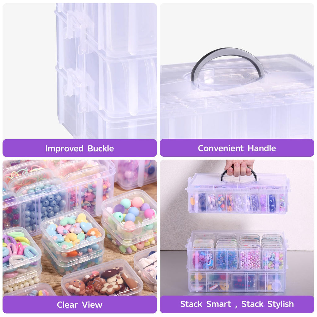 Funtopia 59 Pack Craft Storage Organizer, 3-Tier Stackable Clear Plastic Storage Box Set with 56 Pcs 4-Size Small Bead Organizers, Ideal for Crafts, Jewelry and Small Parts