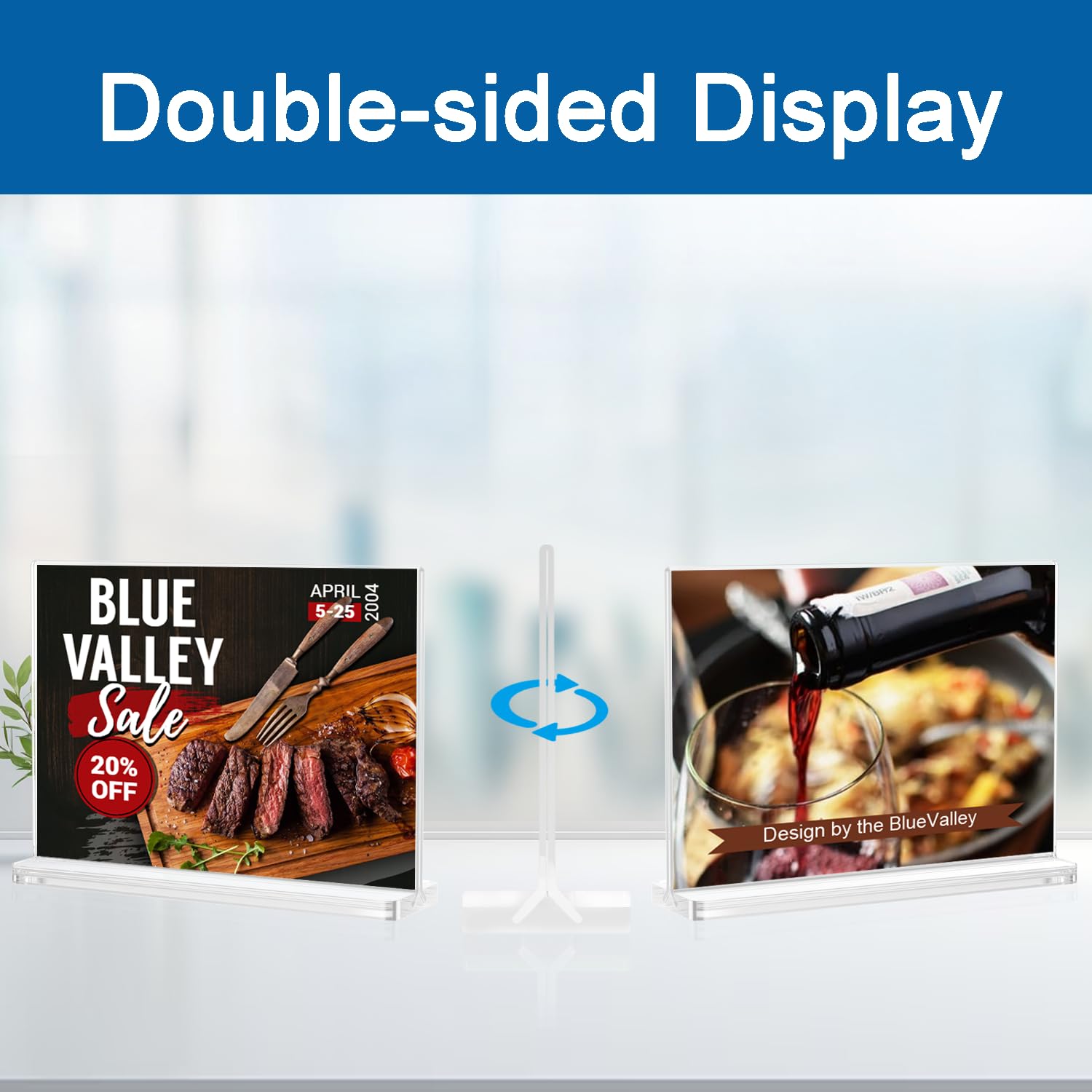BlueValley 2 Pack Acrylic Sign Holder 8 1/2 x 11 Inch, Clear Plastic Flyer Document Menu Display holder for Table Desk Display, Double Sided Certificate Paper Frame Horizontal Display Stand for Office Store Use