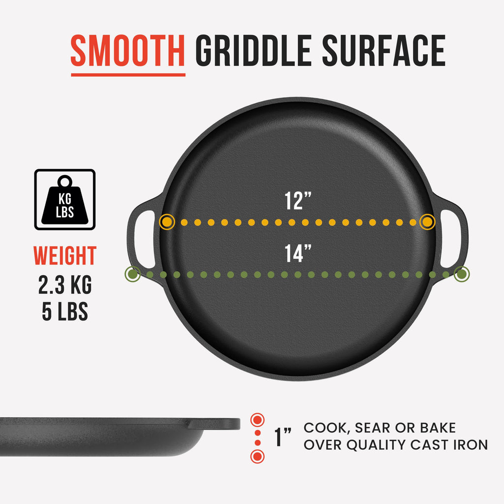 Chef Pomodoro Cast Iron Pizza Pan, Inch Pre-Seasoned Skillet, with Handles, Baking Pan, Round Griddle for Dosa Tawa Roti, Comal for Tortillas, Baking Stove, Oven, Grill BBQ and Campfire (12-inch)