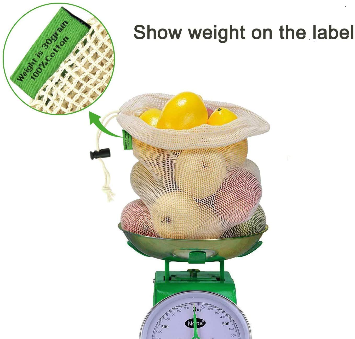 E-Know Produce Bags,11 Pack Reusable Produce Bags,Natural Mesh Cotton, Zero-Waste Produce Bags,Durable Double-Stitched Seams 3 Small,4 Medium, 3 Large,1 Storage Bag