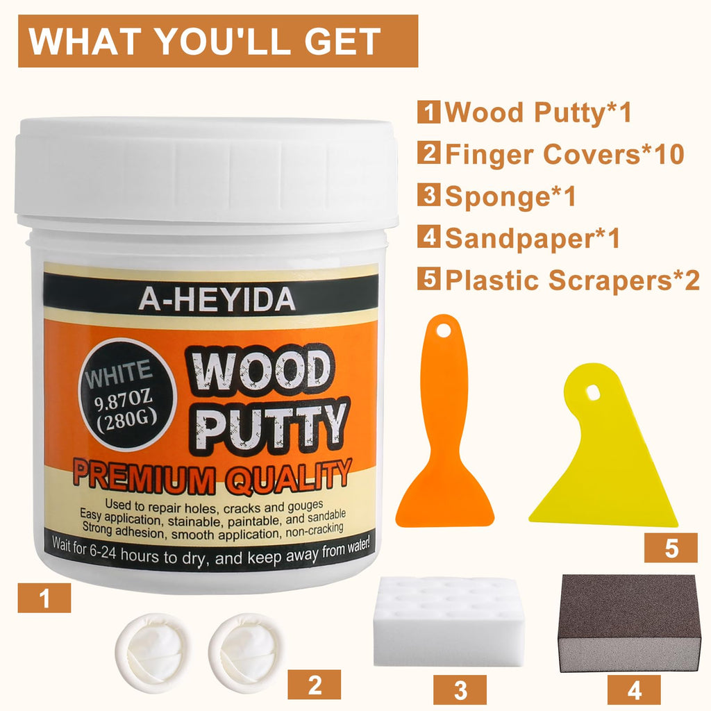 A-HEYIDA Wood Filler - White Wood Putty for Trim, 9.87 Ounce Wood Filler Repair Putty Paintable & Stainable, Restore Wood Cracks and Holes on Laminate Hardwood Vinyl Floor Furniture