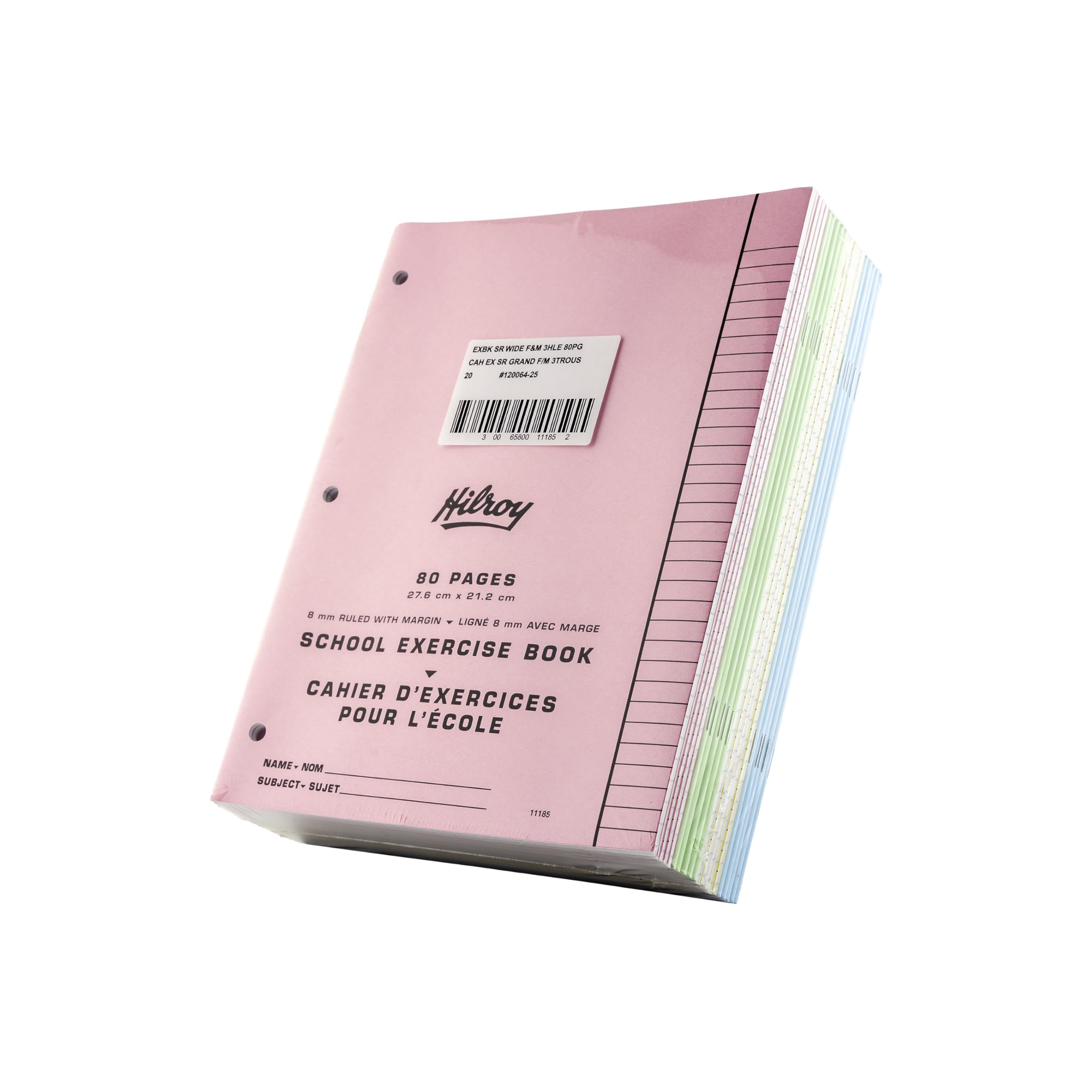 Hilroy Stitched Exercise Book, 8 mm Ruled with Margin, 3-Hole Punched, 80 Pages/40 Sheets, 20-Pack, Assorted Colour Covers (11185)