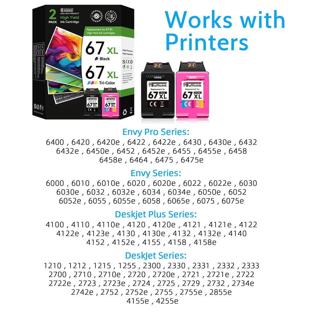 67XL Ink Cartridges Compatible for HP 67 Ink Cartridges Black/Color Combo Pack for Encre 67 Ink fit for DeskJet 2855e 2800e 4155e 2755e 2700 2700e 4100 4255e Envy 6055e 6455e 6000 6400 Printer