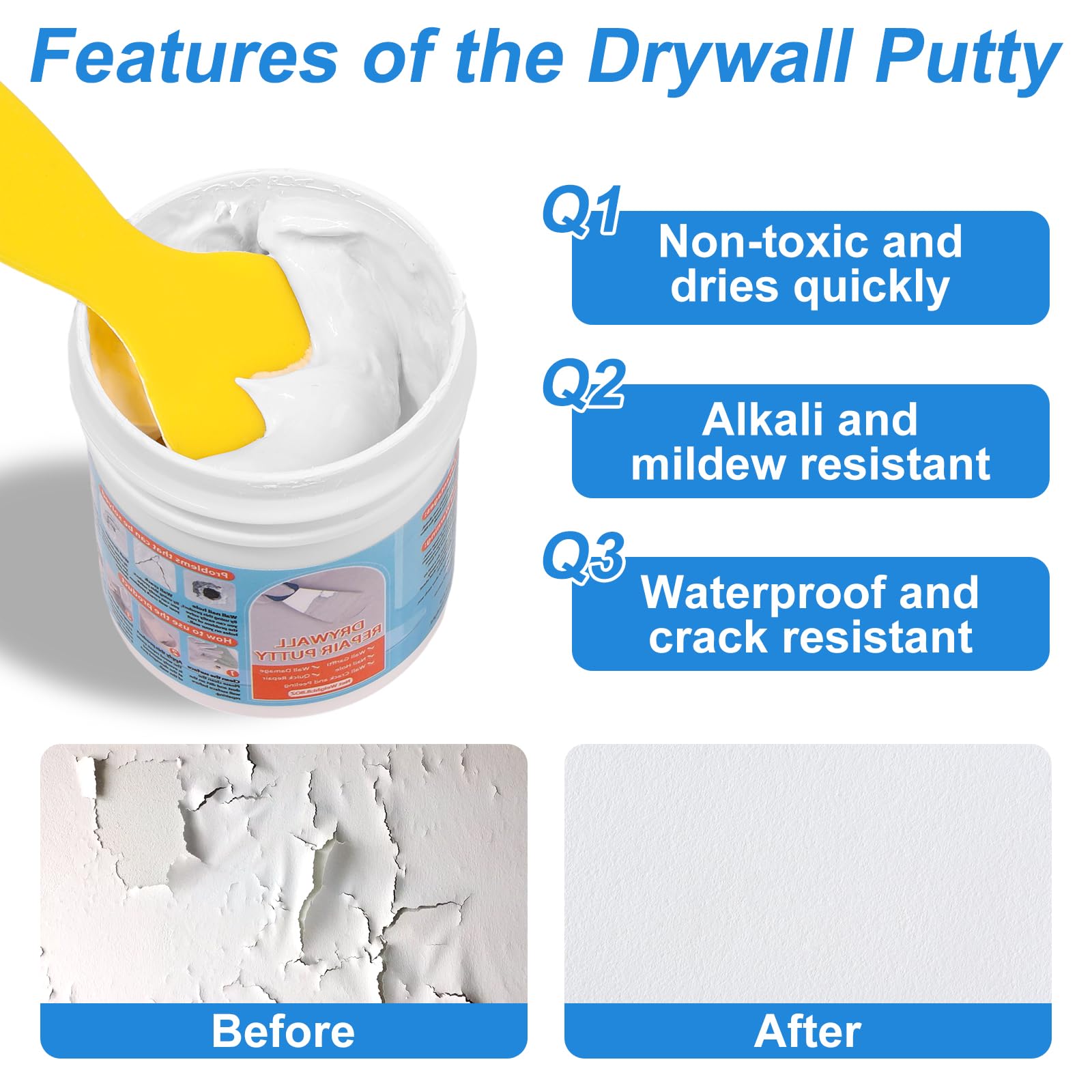 Drywall Repair Kit, Drywall Patch Repair Kit with 8.8OZ White Repair Putty, Scraper Sandpapers Gloves for Heavy Duty Plaster Wall Repair, Easy to Fill Holes in Home Wall & Quick Repair Crack