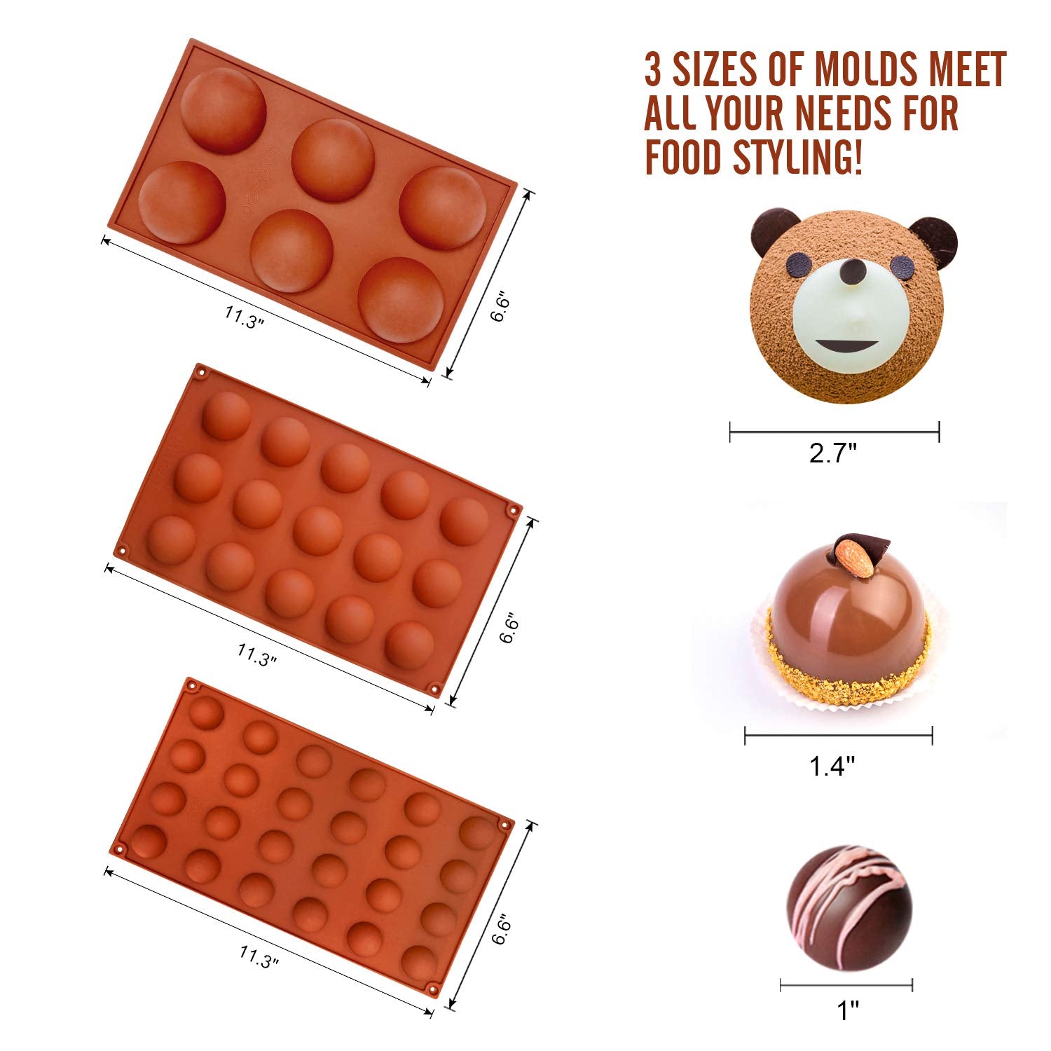 Semi Sphere Silicone Mold, Silicone Chocolate Molds,3 Packs Baking Molds for Making Chocolate, Cake, Jelly, Dome Mousse (6 Cups, 15 Cups and 24 Cups)