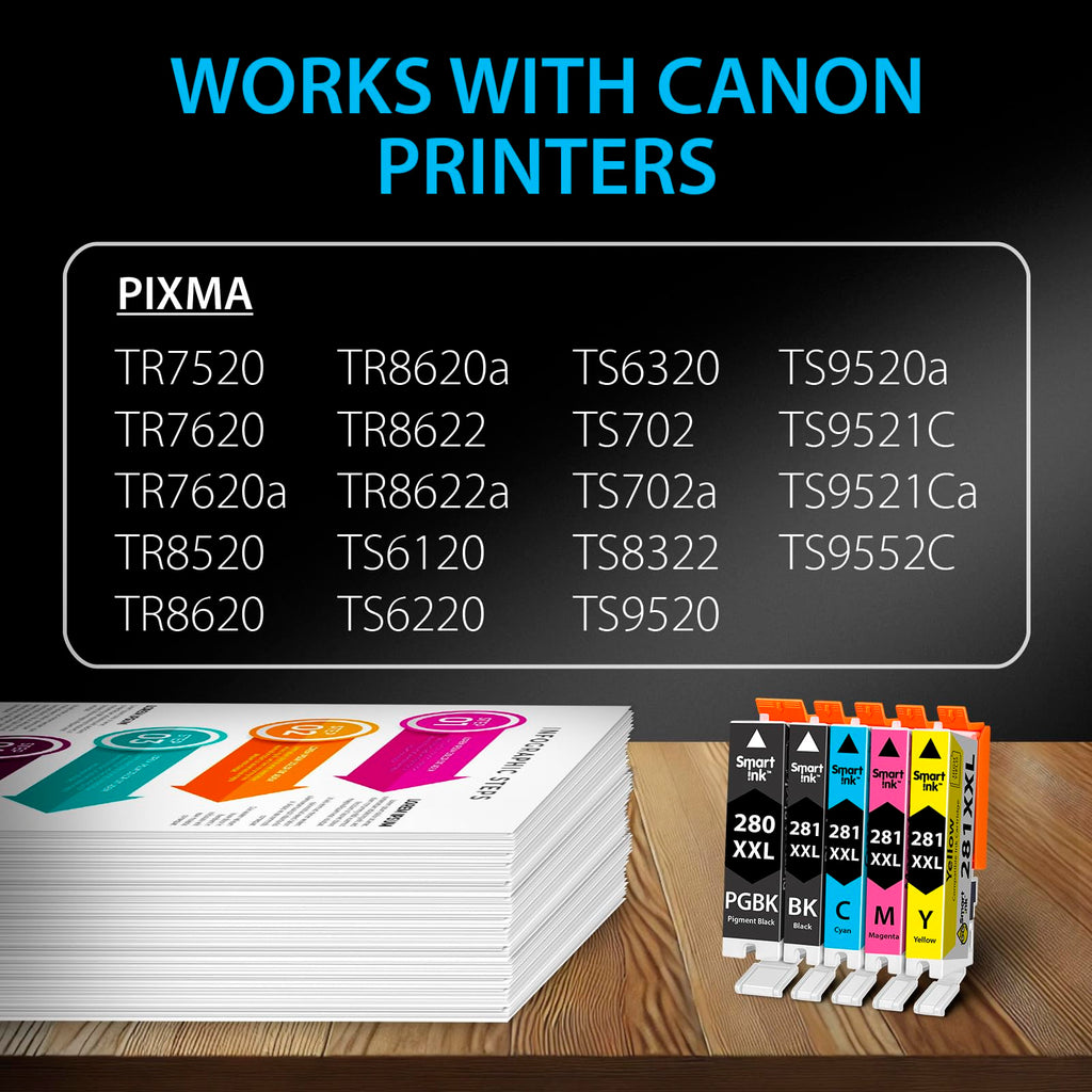 Smart Ink Compatible Ink Cartridge Replacement for Canon PGI 280 PGI-280 XXL CLI 281 CLI-281 (PGBK & BK/C/M/Y 5 Pack Combo) for Pixma TS702 TS6120 TS6220 TS6320 TR7520 TR8520 TS9520 TS9521C