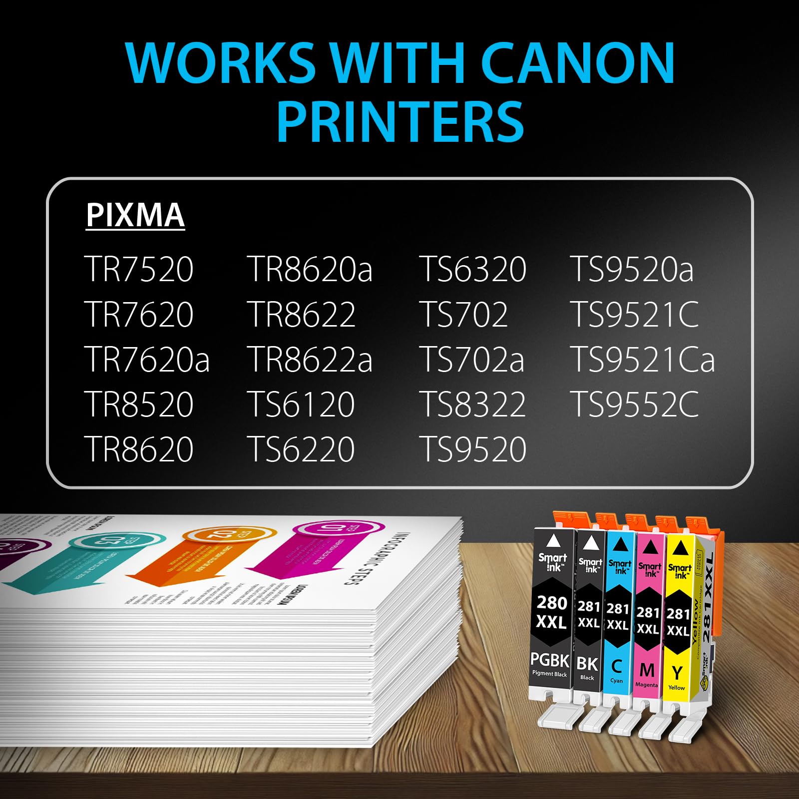 Smart Ink Compatible Ink Cartridge Replacement for Canon PGI 280 PGI-280 XXL CLI 281 CLI-281 (PGBK & BK/C/M/Y 5 Pack Combo) for Pixma TS702 TS6120 TS6220 TS6320 TR7520 TR8520 TS9520 TS9521C