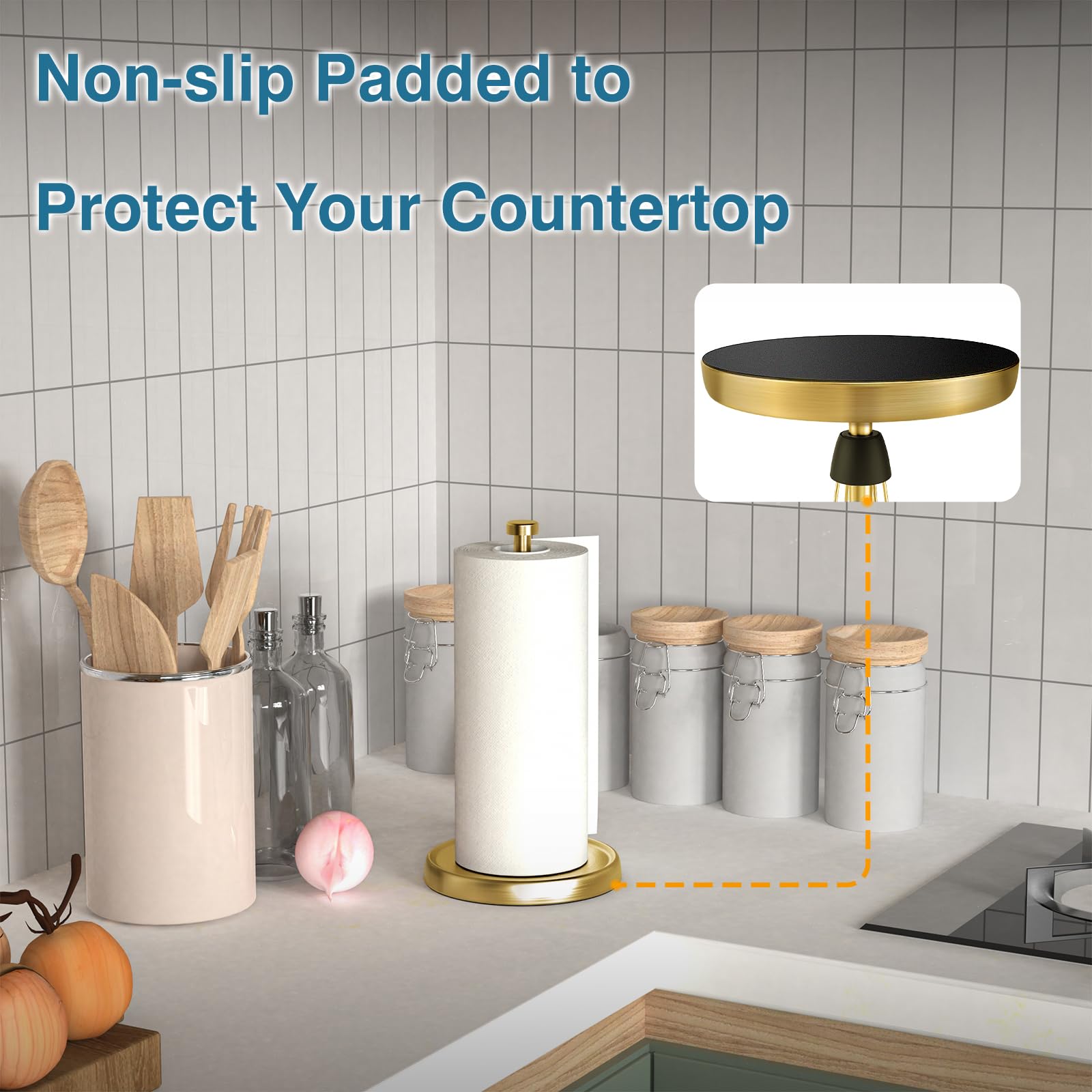 Paper Towel Holder Countertop, One-Handed Tear, Stainless Steel, Weighted Base, Porte Essuie Tout with Ratchet Mechanism for Kitchen Bathroom Decor Accessories, Gold
