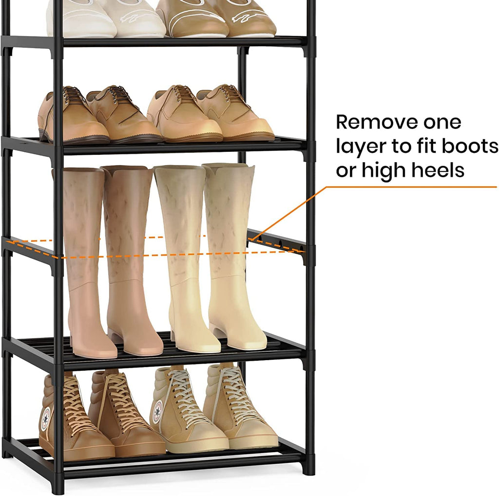 VTRIN 10 Tiers Narrow Shoe Rack 20-25 Pairs Shoe and Boots Organizer Storage Sturdy Shoe Shelf, Metal Shoe Rack for Entryway, Bedroom, 17 x 12 x 79 Inches, Black Vertical Stackable with 5 Hooks