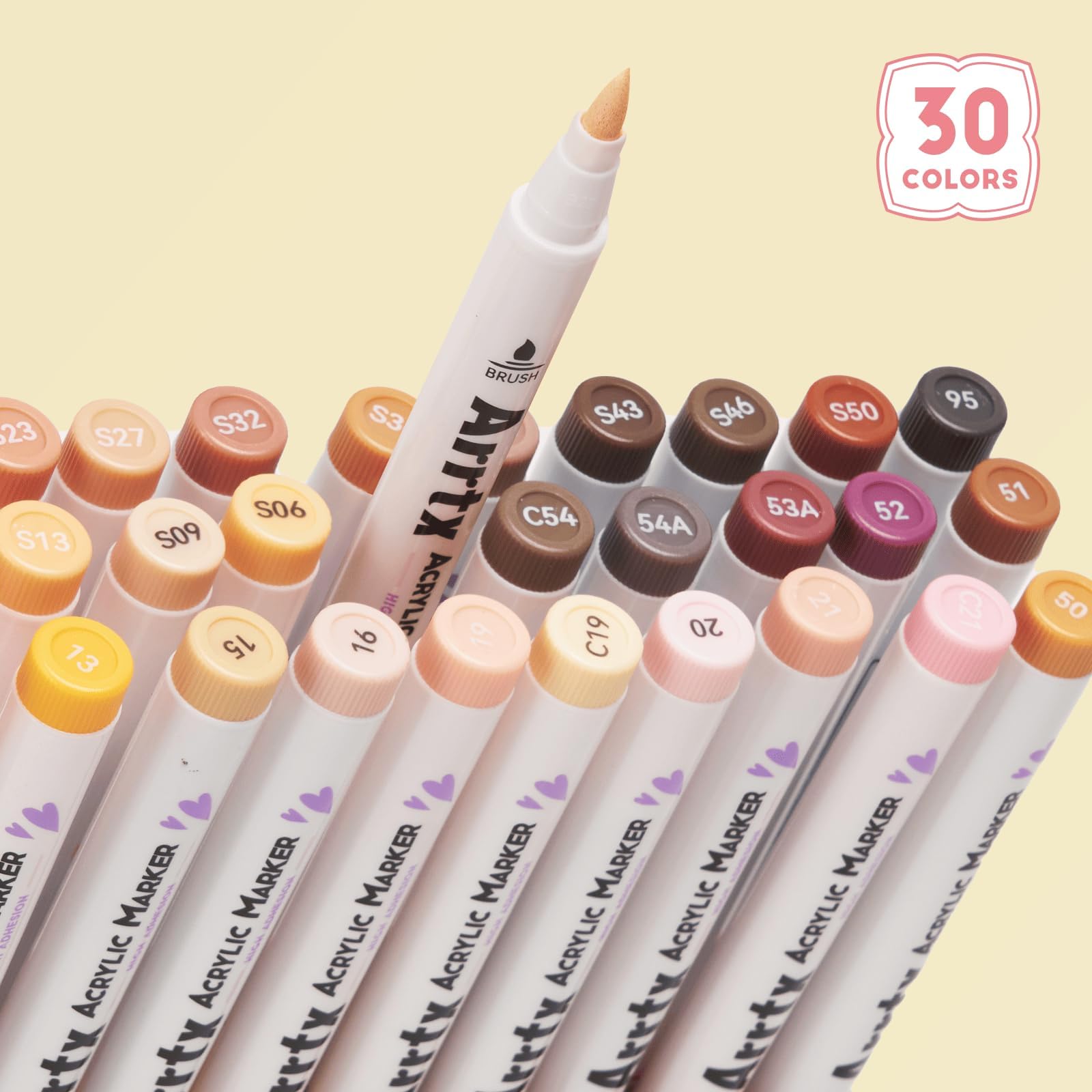 Arrtx 30 Colors Skin Color Acrylic Paint Pens, Skin Tone Paint Markers Paint Pens for Artists Adults Coloring Drawing Brush Tip for Rock Painting, Wood, Canvas, DIY Crafts Making Art Supplies