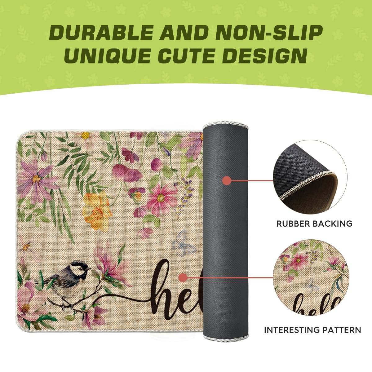 Artoid Mode Bird Flowers Hello Spring Doormat, Home Summer Decor Low-Profile Switch Rug Door Mat Floor Mat for Indoor Outdoor 17x29 Inch