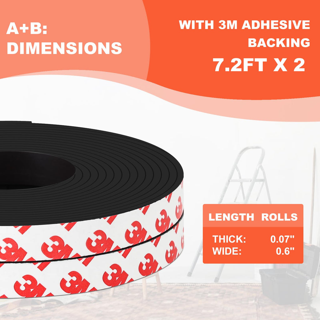 KiloDanMAG A+B Magnetic Tape with Adhesive Backing, Paired A+B Magnetic Strip (7.2FT X 0.6" W x 2 Roll) Flexible Magnet Tape Strips Roll Perfect for for Fly Screen, DIY Craft