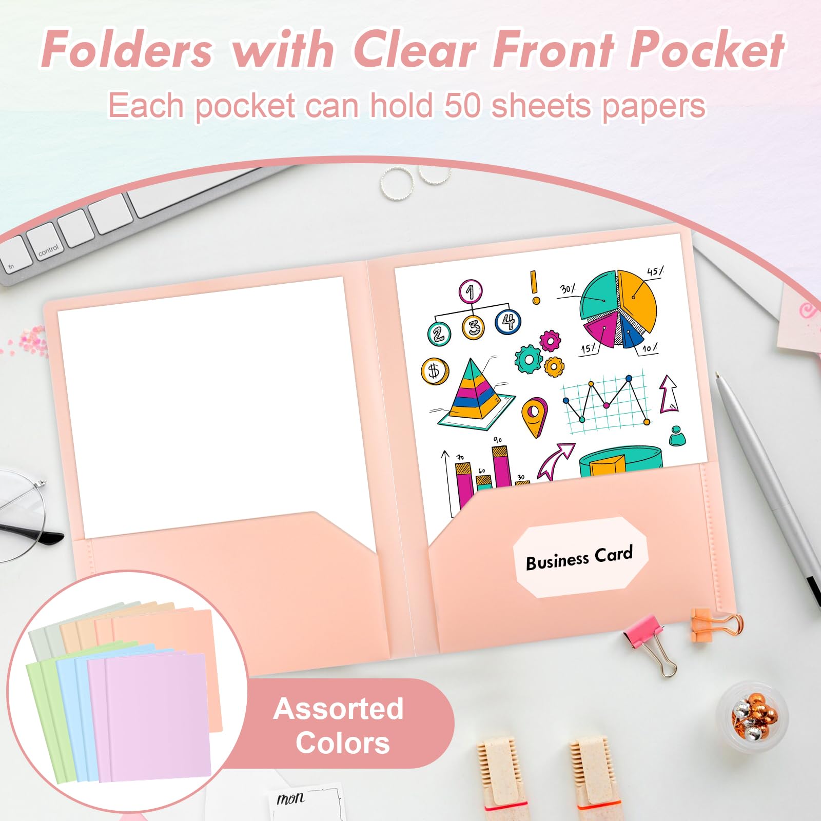 12 Pack Plastic Two Pocket Folders Heavy Duty Letter Size File Folders Assorted Colors Folders with Clear Front Pocket Twin Pocket Folder Bulk Business Card Holder Folder for Office School Home