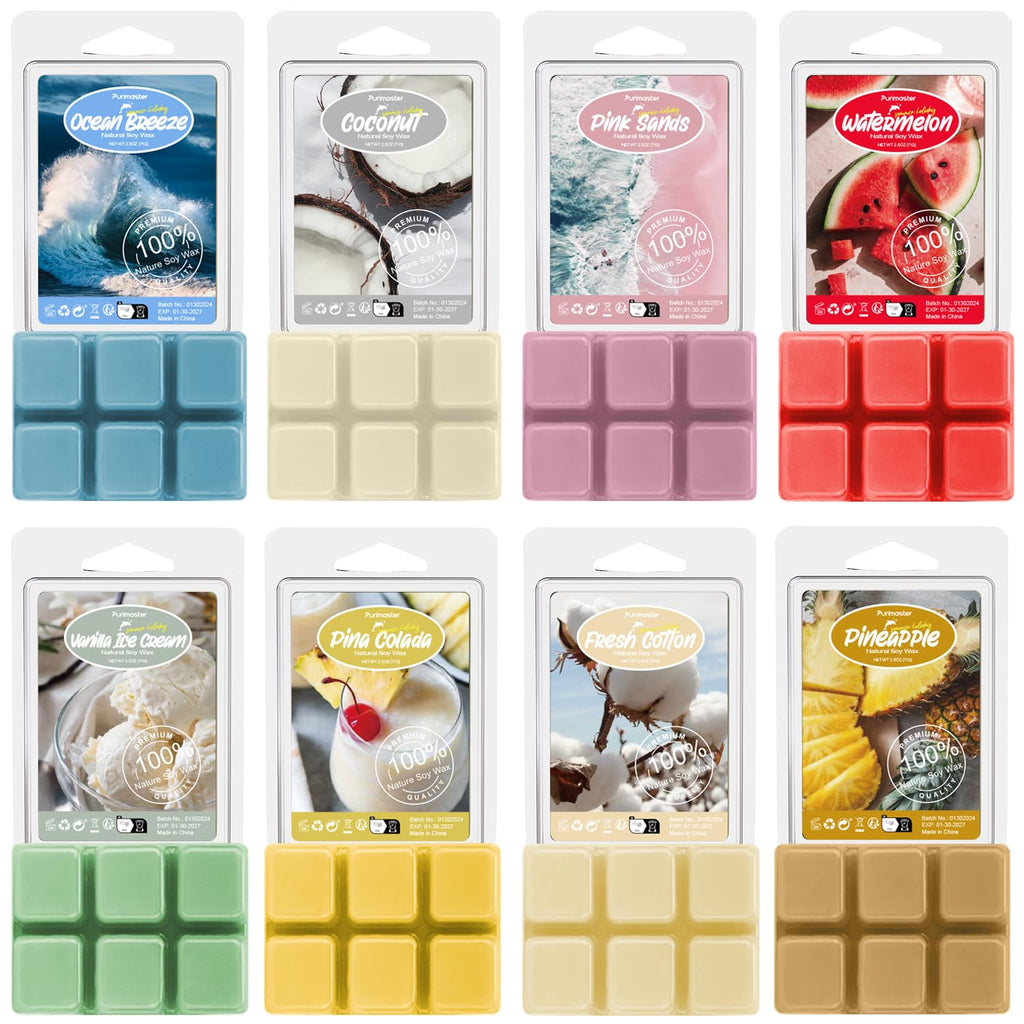 SoulOrigin Summer Scented Wax Melts, Strong Scented Wax Cubes Gift Set, Soy Wax Tarts for Warmer, Sea Breeze, Coconut, Pina Colada, Pink Beach, Pineapple, Watermelon, Vanilla Ice Cream, Fresh Cotton
