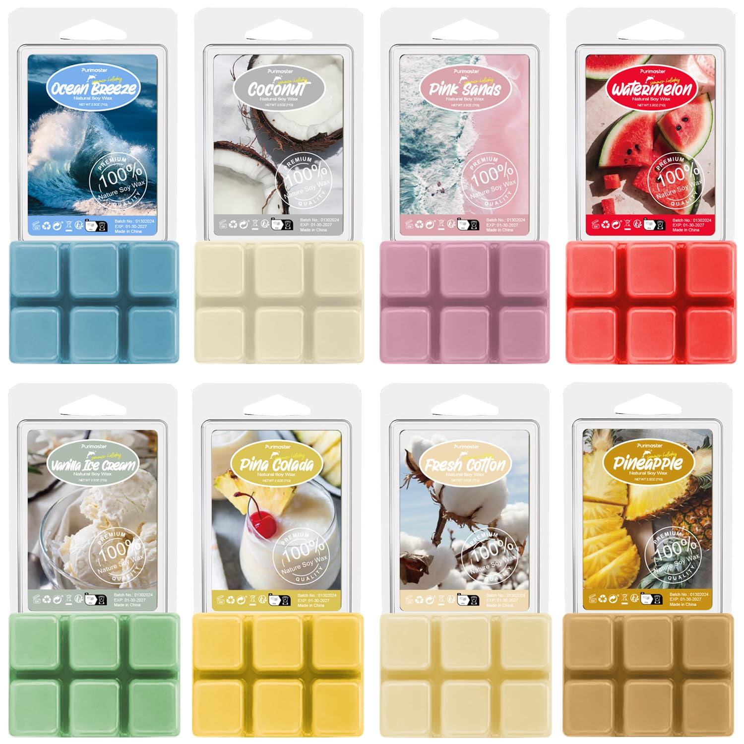 SoulOrigin Summer Scented Wax Melts, Strong Scented Wax Cubes Gift Set, Soy Wax Tarts for Warmer, Sea Breeze, Coconut, Pina Colada, Pink Beach, Pineapple, Watermelon, Vanilla Ice Cream, Fresh Cotton