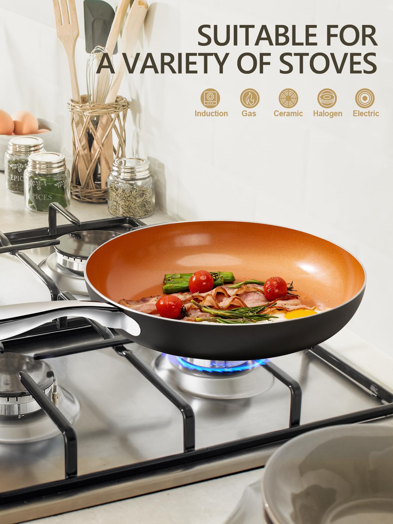 MICHELANGELO 10 Inch Non Stick Frying Pan with Lid, Ceramic Copper Frying Pan, Non-Toxic Skillet with Lid, Induction Compatible, Oven and Dishwasher Safe