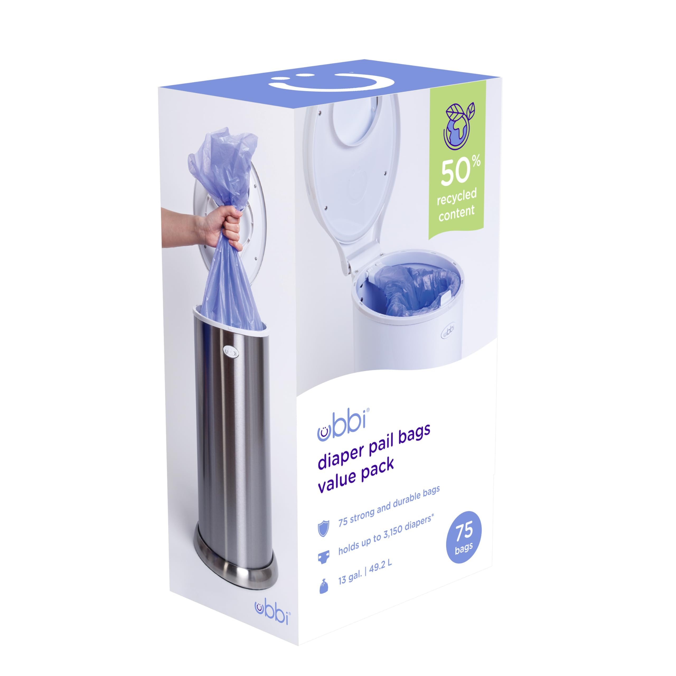 Ubbi Disposable Diaper Pail Plastic Bags, Value Pack, 75 Count, 13-Gallon Bags