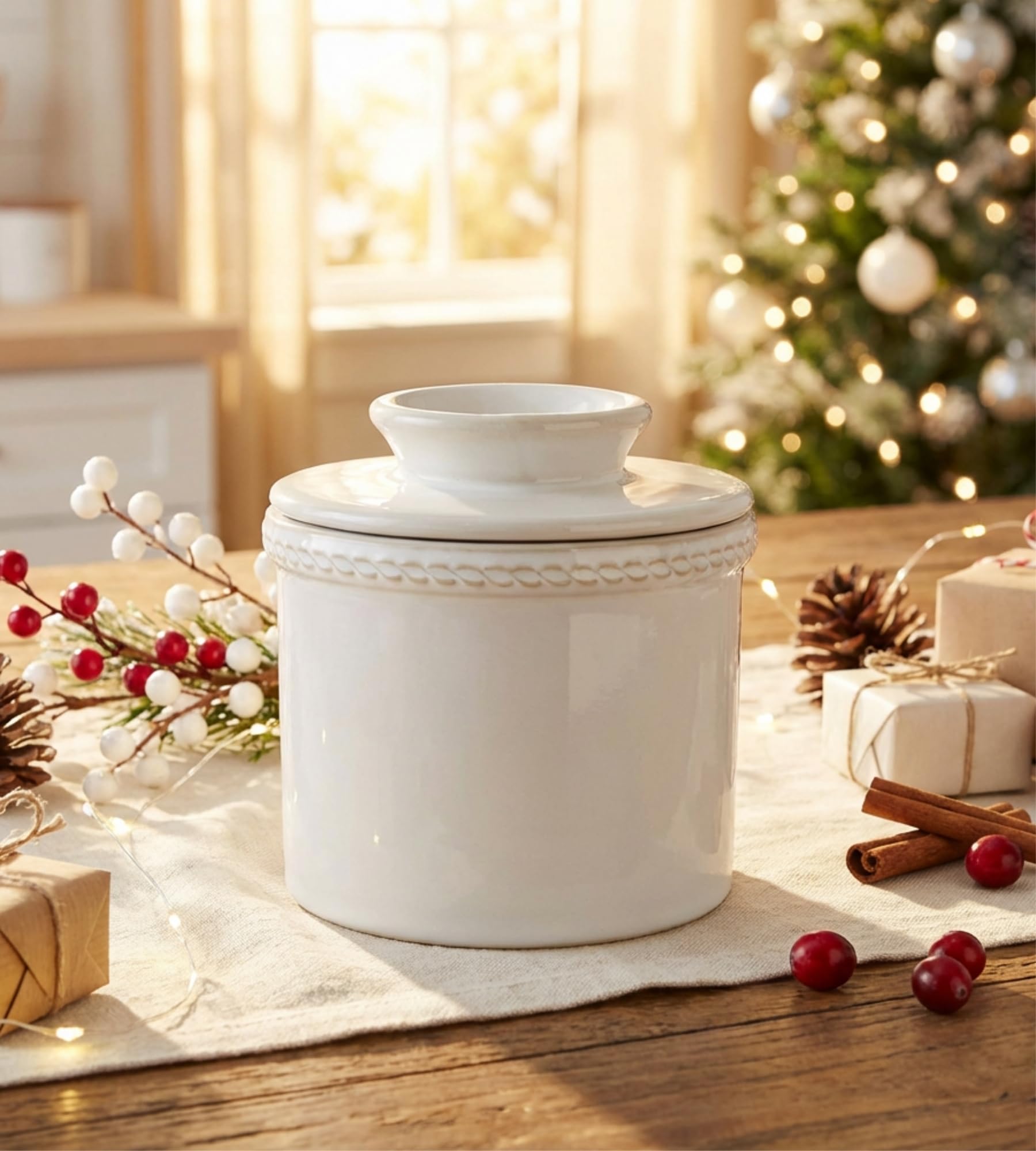 JERSINWEI Butter Crock with Lid, French Butter Dish for Countertop, Ceramic Butter Keeper Keeps Butter Soft & Spreadable Without Refrigeration, Vintage Kiln Glaze White Design, 8 oz / 230 ml